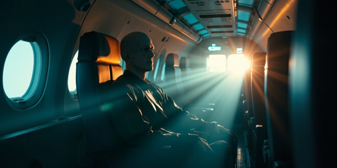 Crash test dummy strapped in aircraft seat during aviation safety testing in a sterile research facility cabin