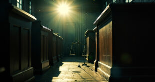 Empty courtroom with wooden benches and witness stand, scales of justice on abandoned judge bench after verdict