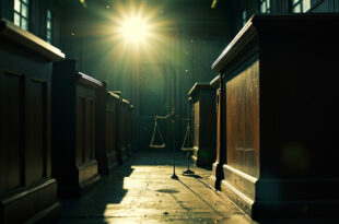 Empty courtroom with wooden benches and witness stand, scales of justice on abandoned judge bench after verdict
