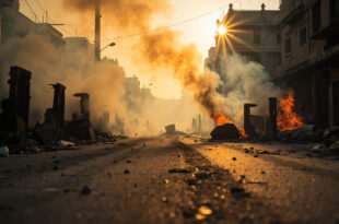 Smoke rises from abandoned barricades on a debris-covered street at dawn, with overturned objects and scattered stones
