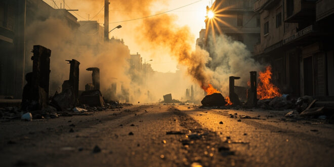 Smoke rises from abandoned barricades on a debris-covered street at dawn, with overturned objects and scattered stones