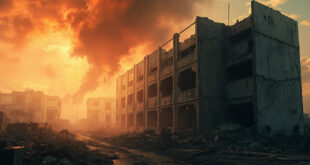 Damaged empty building with broken windows stands alone in abandoned urban area filled with smoke and debris