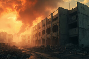 Damaged empty building with broken windows stands alone in abandoned urban area filled with smoke and debris