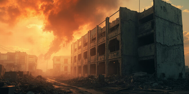 Damaged empty building with broken windows stands alone in abandoned urban area filled with smoke and debris