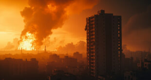 Burning oil refinery amid a smoke-filled urban landscape at dawn, with collapsed concrete structures and damaged residential towers