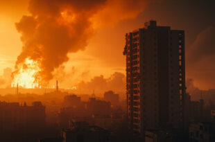 Burning oil refinery amid a smoke-filled urban landscape at dawn, with collapsed concrete structures and damaged residential towers