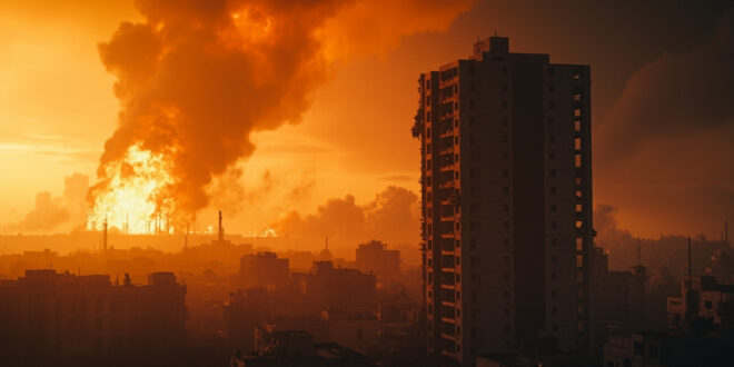 Burning oil refinery amid a smoke-filled urban landscape at dawn, with collapsed concrete structures and damaged residential towers