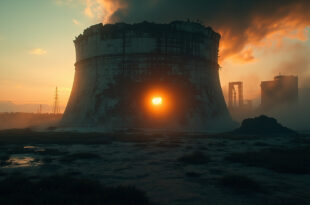 Damaged nuclear cooling tower with visible crater at abandoned nuclear facility at dusk, cracked dome illuminated by orange glow