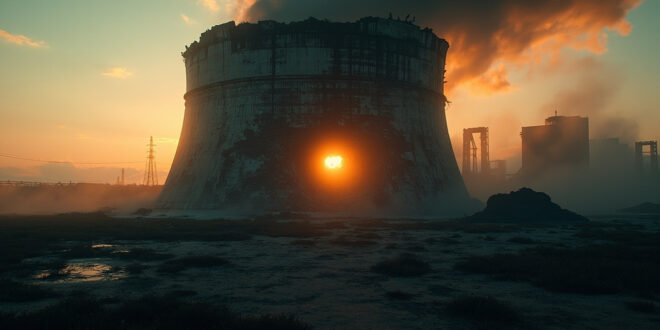 Damaged nuclear cooling tower with visible crater at abandoned nuclear facility at dusk, cracked dome illuminated by orange glow