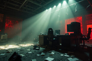 Abandoned television studio with damaged broadcast equipment and scattered papers after attack, bathed in emergency red lighting