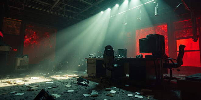 Abandoned television studio with damaged broadcast equipment and scattered papers after attack, bathed in emergency red lighting
