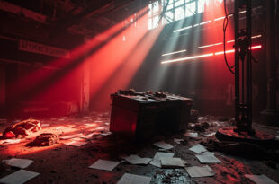 Abandoned news studio with overturned broadcast desk, broken cameras and scattered papers after media attack