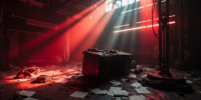 Abandoned news studio with overturned broadcast desk, broken cameras and scattered papers after media attack