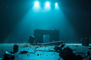 Empty news studio with silent microphone, overturned cameras, and fallen equipment in an abandoned television facility