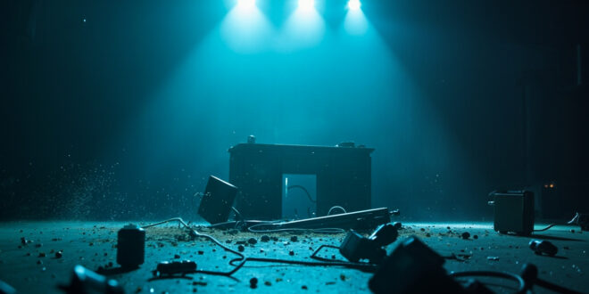 Empty news studio with silent microphone, overturned cameras, and fallen equipment in an abandoned television facility