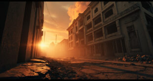 Damaged building with broken windows and cracked facade in abandoned urban landscape at dusk, flames visible