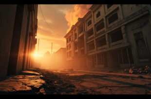 Damaged building with broken windows and cracked facade in abandoned urban landscape at dusk, flames visible