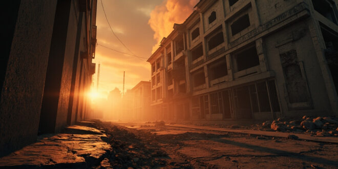 Damaged building with broken windows and cracked facade in abandoned urban landscape at dusk, flames visible