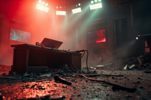 Abandoned broadcast studio with overturned desk, fallen microphone, and scattered debris after attack amid media warfare