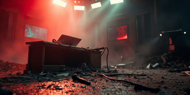 Abandoned broadcast studio with overturned desk, fallen microphone, and scattered debris after attack amid media warfare