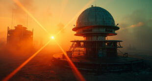 Abandoned military command center at dawn with unmanned radar installation and empty missile launch platform