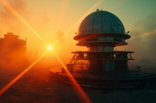 Abandoned military command center at dawn with unmanned radar installation and empty missile launch platform