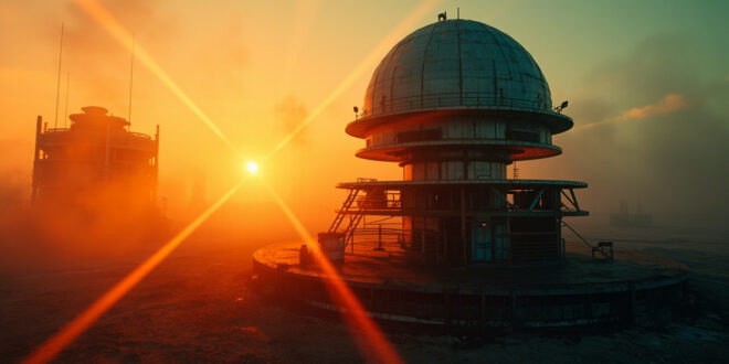 Abandoned military command center at dawn with unmanned radar installation and empty missile launch platform