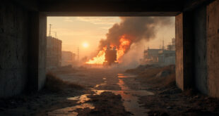 Abandoned missile defense installations stand silent at dawn in a war-torn urban landscape with air raid shelters empty