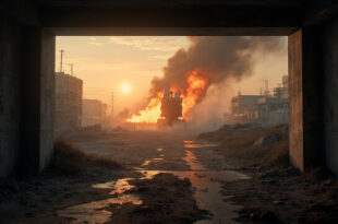 Abandoned missile defense installations stand silent at dawn in a war-torn urban landscape with air raid shelters empty