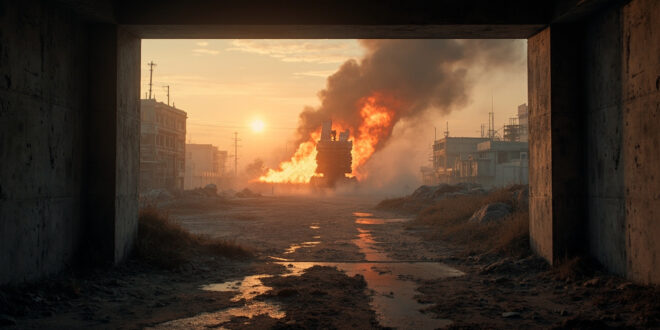 Abandoned missile defense installations stand silent at dawn in a war-torn urban landscape with air raid shelters empty