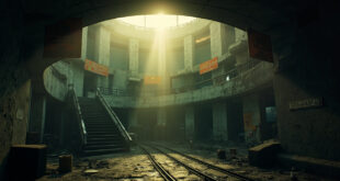 Abandoned missile silos with warning signs in an empty underground nuclear bunker complex at dawn after strike