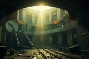 Abandoned missile silos with warning signs in an empty underground nuclear bunker complex at dawn after strike