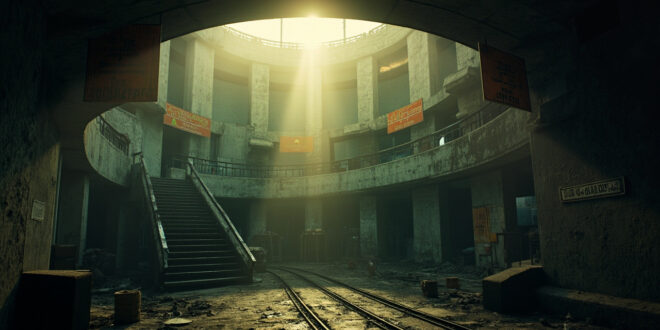 Abandoned missile silos with warning signs in an empty underground nuclear bunker complex at dawn after strike