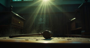 Wooden gavel and scales of justice on an empty judge's bench in an abandoned courthouse after verdict announcement.