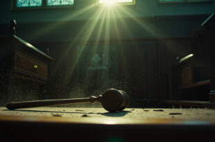 Wooden gavel and scales of justice on an empty judge's bench in an abandoned courthouse after verdict announcement.