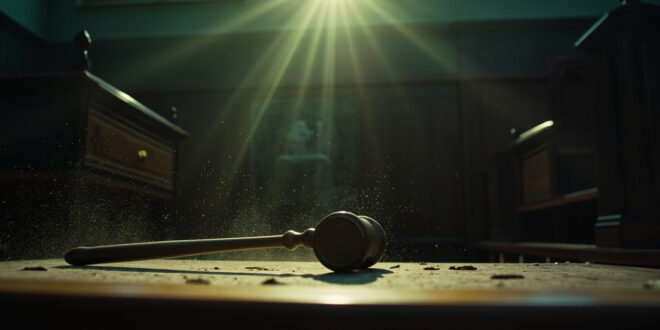 Wooden gavel and scales of justice on an empty judge's bench in an abandoned courthouse after verdict announcement.