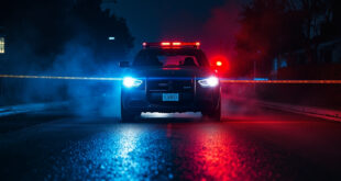 Police cruiser with flashing lights at roadblock on empty suburban street during criminal investigation manhunt