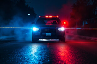 Police cruiser with flashing lights at roadblock on empty suburban street during criminal investigation manhunt