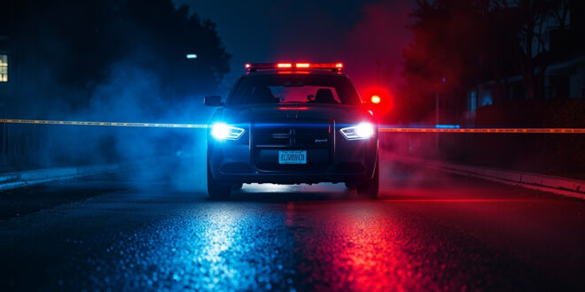 Police cruiser with flashing lights at roadblock on empty suburban street during criminal investigation manhunt