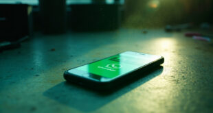 Smartphone displaying WhatsApp subscription interface on desk in minimalist digital workspace with green highlights