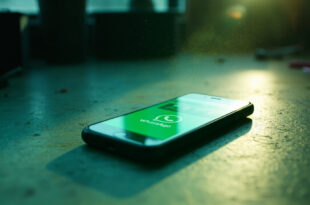 Smartphone displaying WhatsApp subscription interface on desk in minimalist digital workspace with green highlights