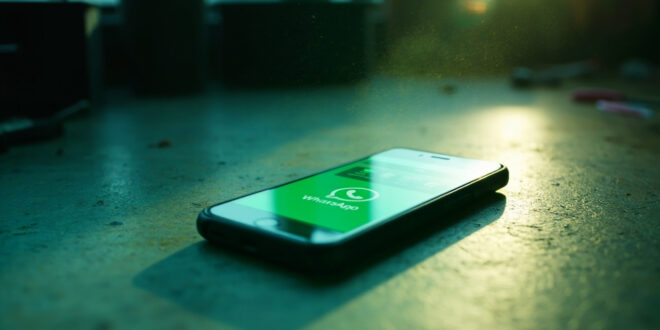 Smartphone displaying WhatsApp subscription interface on desk in minimalist digital workspace with green highlights