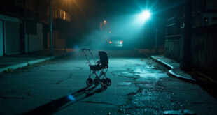 Abandoned baby stroller sits alone on a desolate urban street corner at dusk, illuminated by fading light.