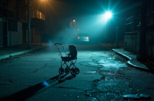 Abandoned baby stroller sits alone on a desolate urban street corner at dusk, illuminated by fading light.
