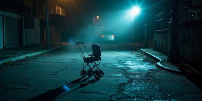 Abandoned baby stroller sits alone on a desolate urban street corner at dusk, illuminated by fading light.