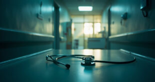 Medical instruments neatly arranged on examination table in empty consultation room at dawn, with stethoscope highlighted.
