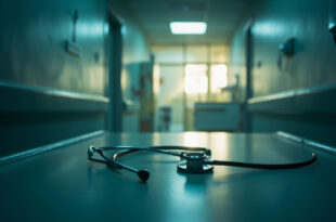 Medical instruments neatly arranged on examination table in empty consultation room at dawn, with stethoscope highlighted.