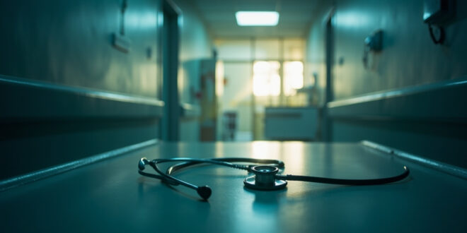 Medical instruments neatly arranged on examination table in empty consultation room at dawn, with stethoscope highlighted.