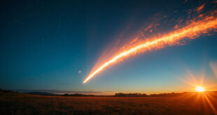 Bright fireball meteor with flaming tail streaking across clear blue daytime sky over rural landscape