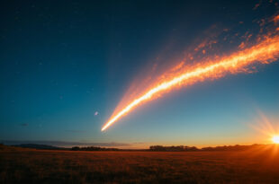 Bright fireball meteor with flaming tail streaking across clear blue daytime sky over rural landscape
